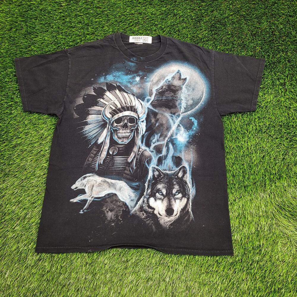 Y2K Wolf Skull Graphic Tee with Headdress & Full Moon T-Shirt Mens Large